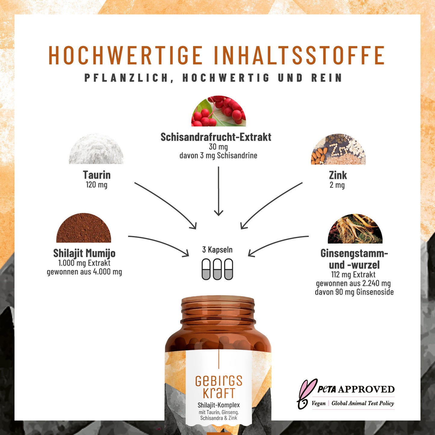 Gebirgskraft Shilajit-Komplex Hochwertige Inhaltsstoffe