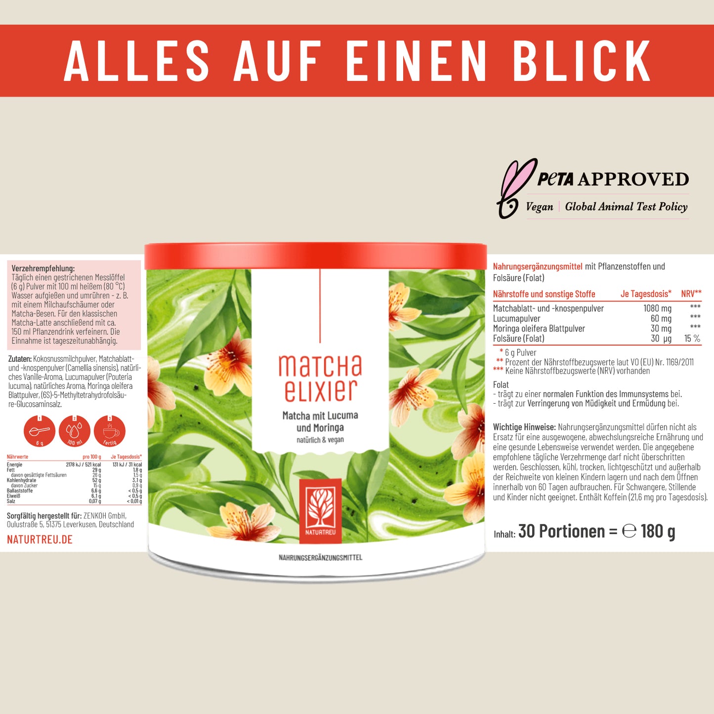 Matchaelixier Matcha Pulver Lucuma Morninga Etikett 01