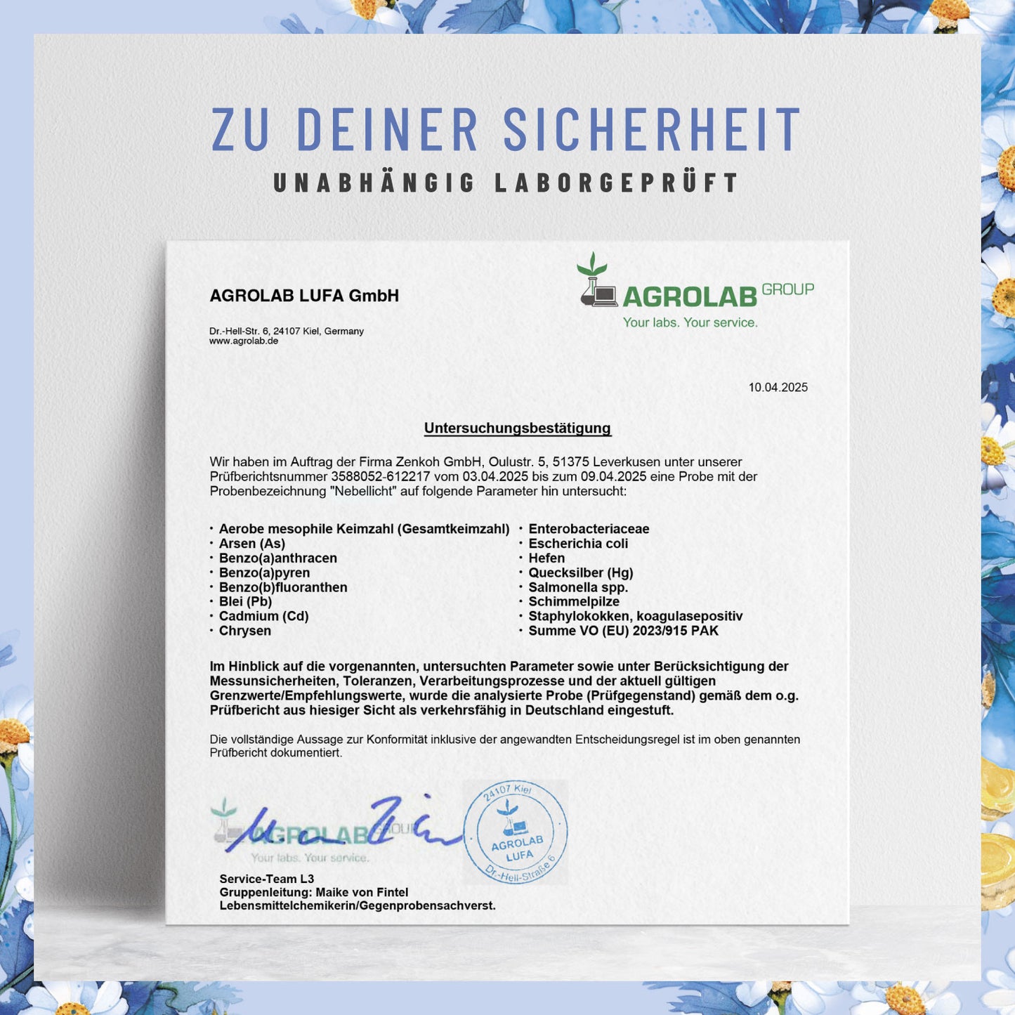 Nebellicht Mutterkraut-Magnesium-Ingwer-q10-vitaminb2-komplex Laborzertifikat