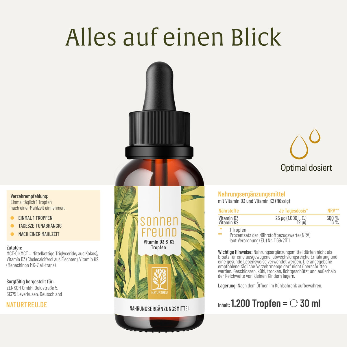 Etikett Sonnenfreund Vitamin D3 K2 Tropfen von NATURTREU: Nährwertangaben, Inhaltsstoffe + Verzehrempfehlung.