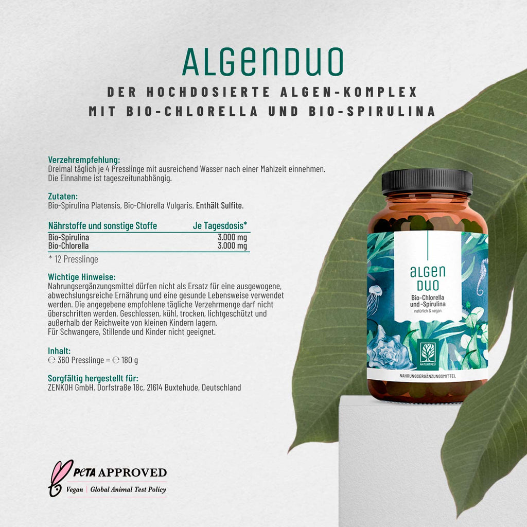 Algenduo Bio-Chlorella und Bio-Spirulina Etikett
