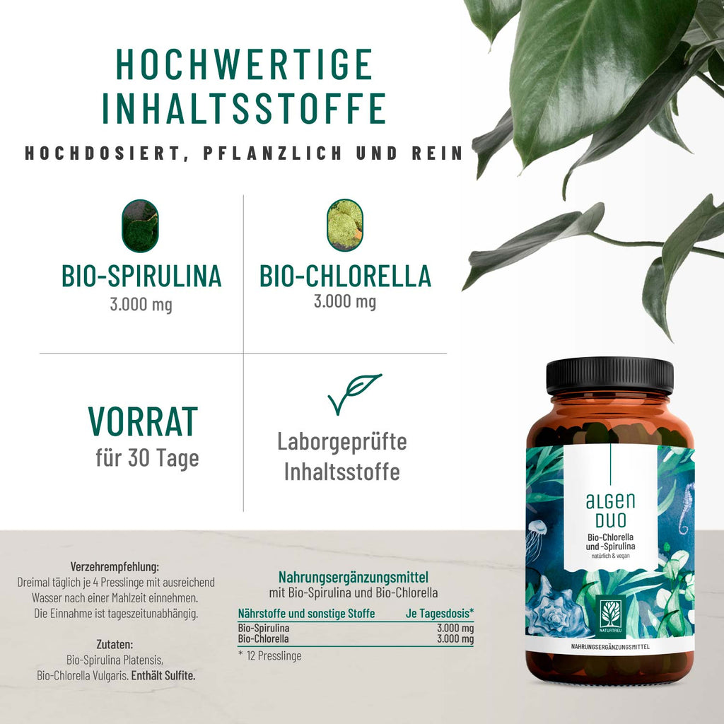 Algenduo Bio-Chlorella-und-Spirulina Hochwertige-Inhaltsstoffe 