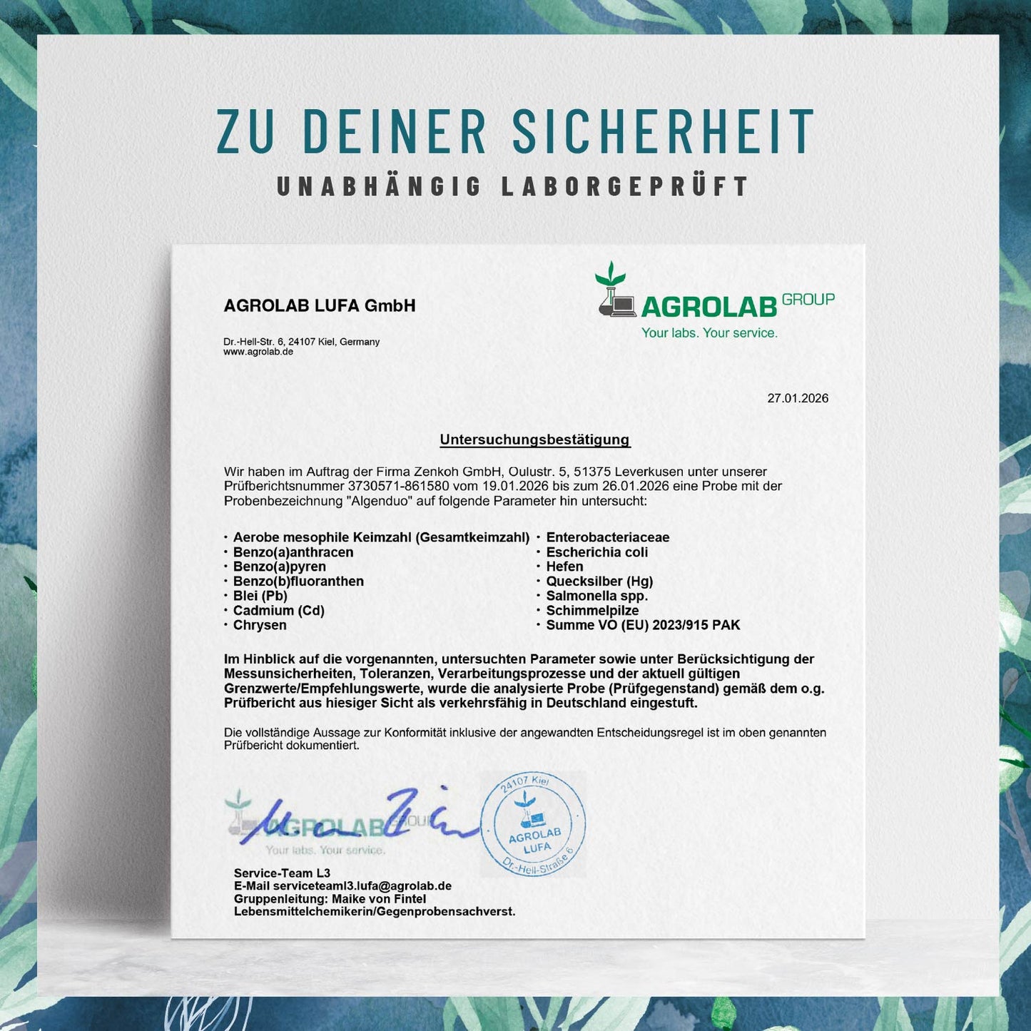 Algenduo Bio Chlorella und Spirulina Laborzertifikat 