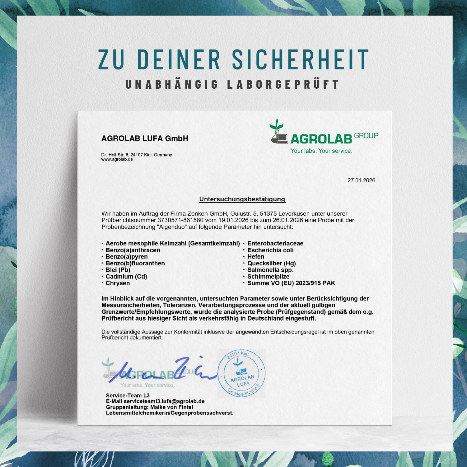 Algenduo Bio Chlorella und Spirulina Laborzertifikat 
