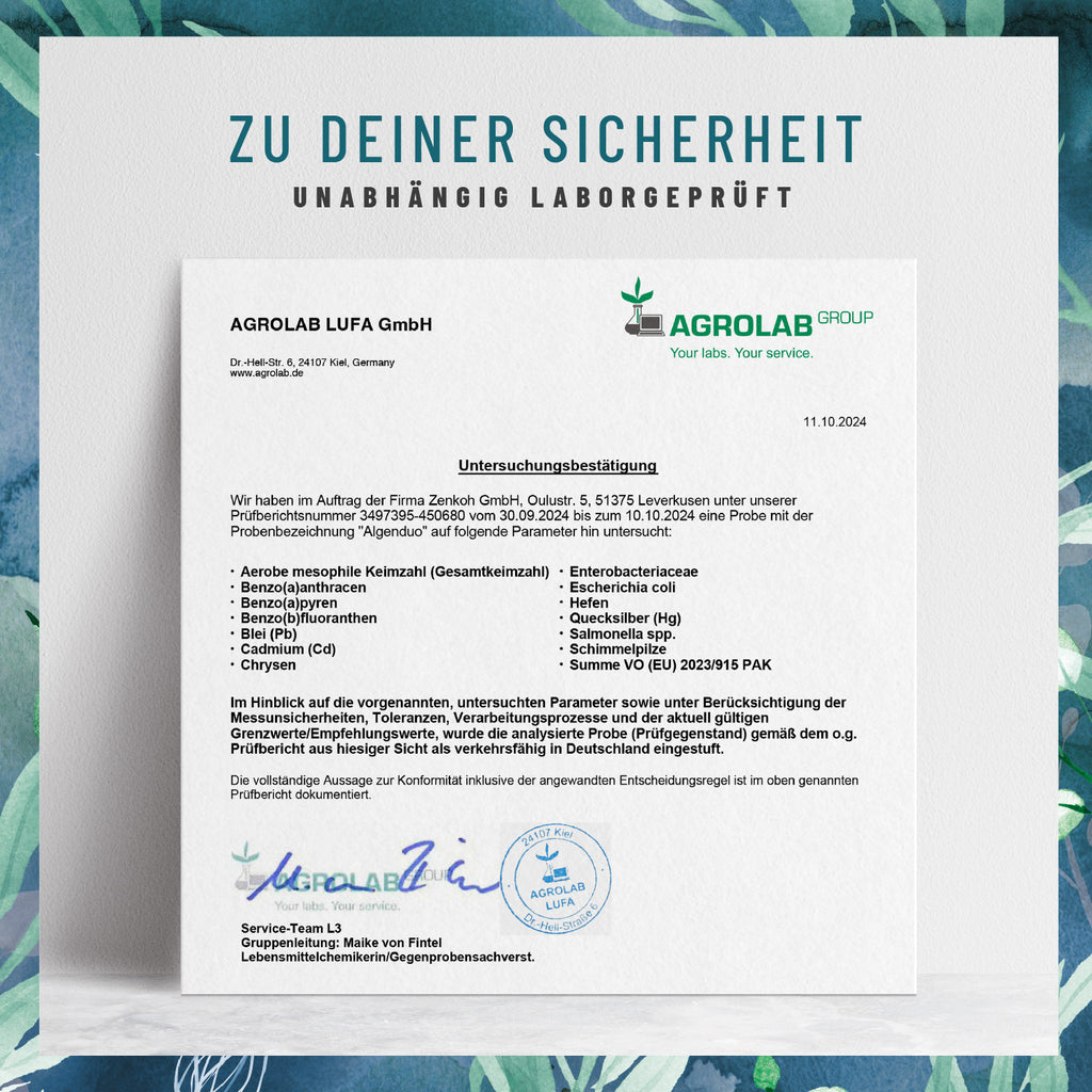 Algenduo Bio-Chlorella-und-Spirulina Laborzertifikat