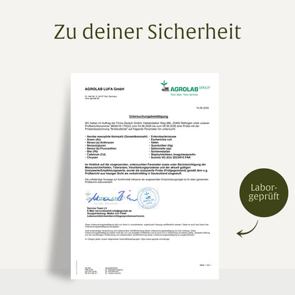 Brokkoliblüte wird in unabhängigen deutschen Laboren auf Reinheit und Schadstofffreiheit geprüft, bestätigt durch eine Untersuchungsbestätigung der AGROLAB LUFA GmbH mit dem Siegel "Laborgeprüft".