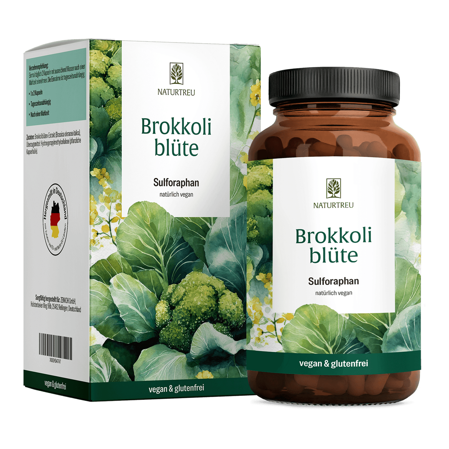 Brokkoliblüte Sulforaphan von Naturtreu – brauner Glastiegel und Faltschachtel mit botanischem Brokkolimotiv, Hinweis "vegan und glutenfrei", hergestellt in Deutschland.