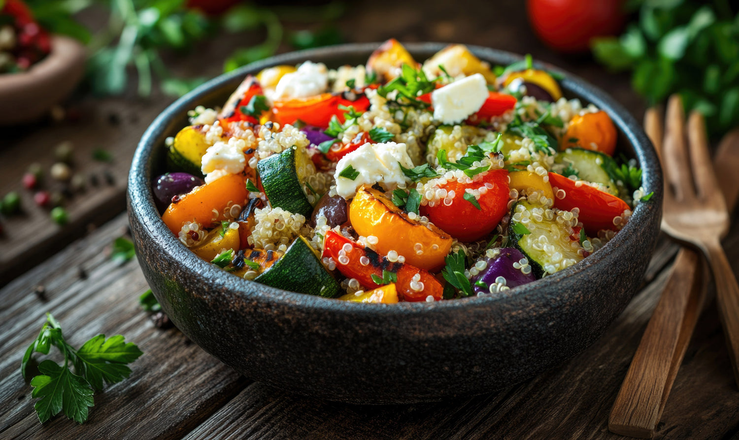 Man sieht eine Schüssel mit Quinoa und Gemüse 