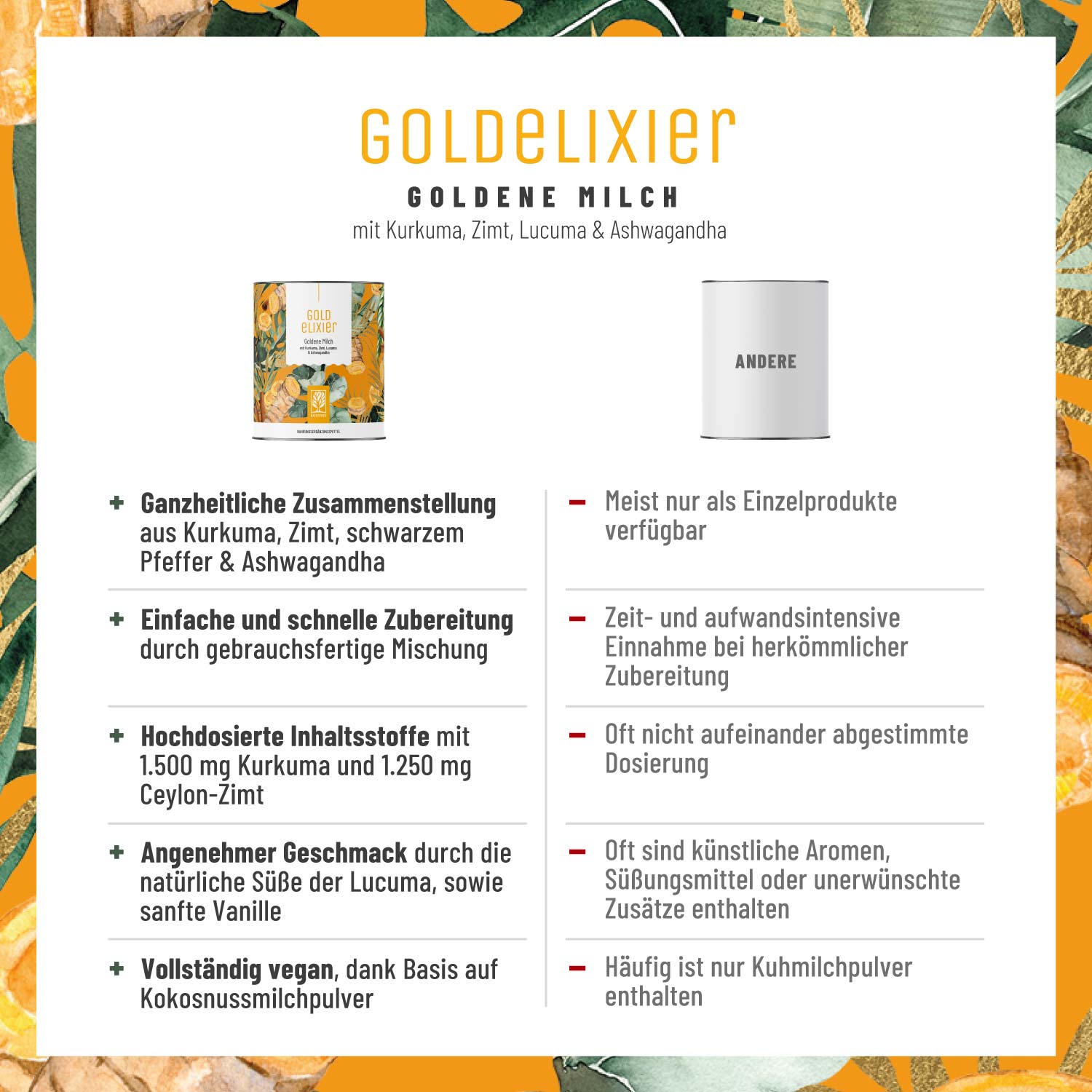 Goldelixier Goldene Milch Vergleichstabelle