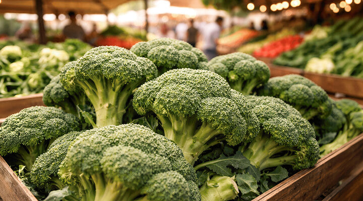 Das Superfood Brokkoli wird an einem Gemüsestand auf einem Wochenmarkt angeboten. Nahaufnahme der Brokkoliköpfe