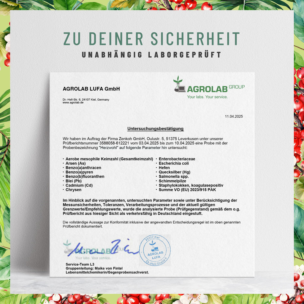 Herzwohl Weissdorn Arjuna Kakao Q10 Vitaminb1 Laborzertifikat