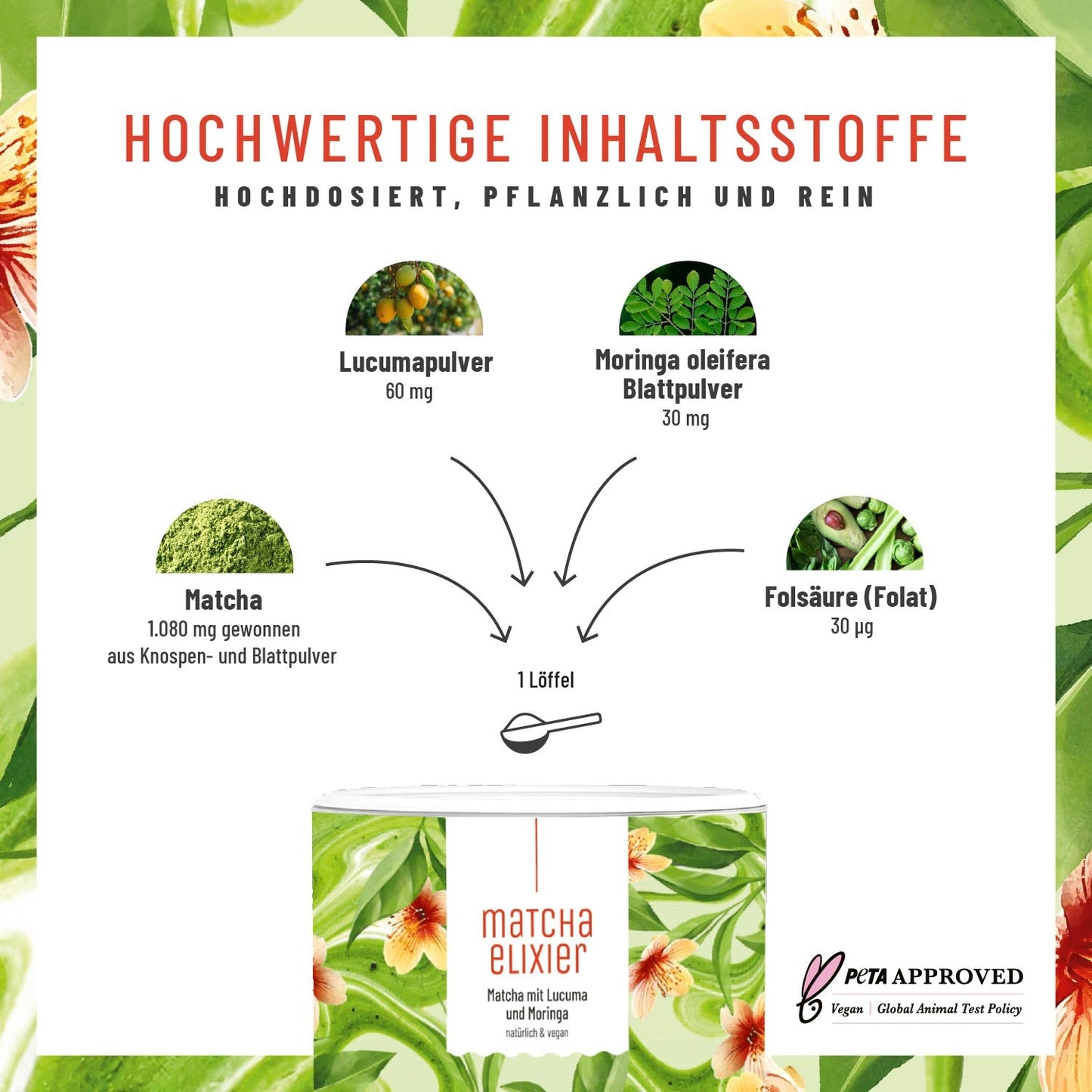 Matchaelixier Matcha, Lucuma, udn Morninga Hochwertige Inhaltsstoffe