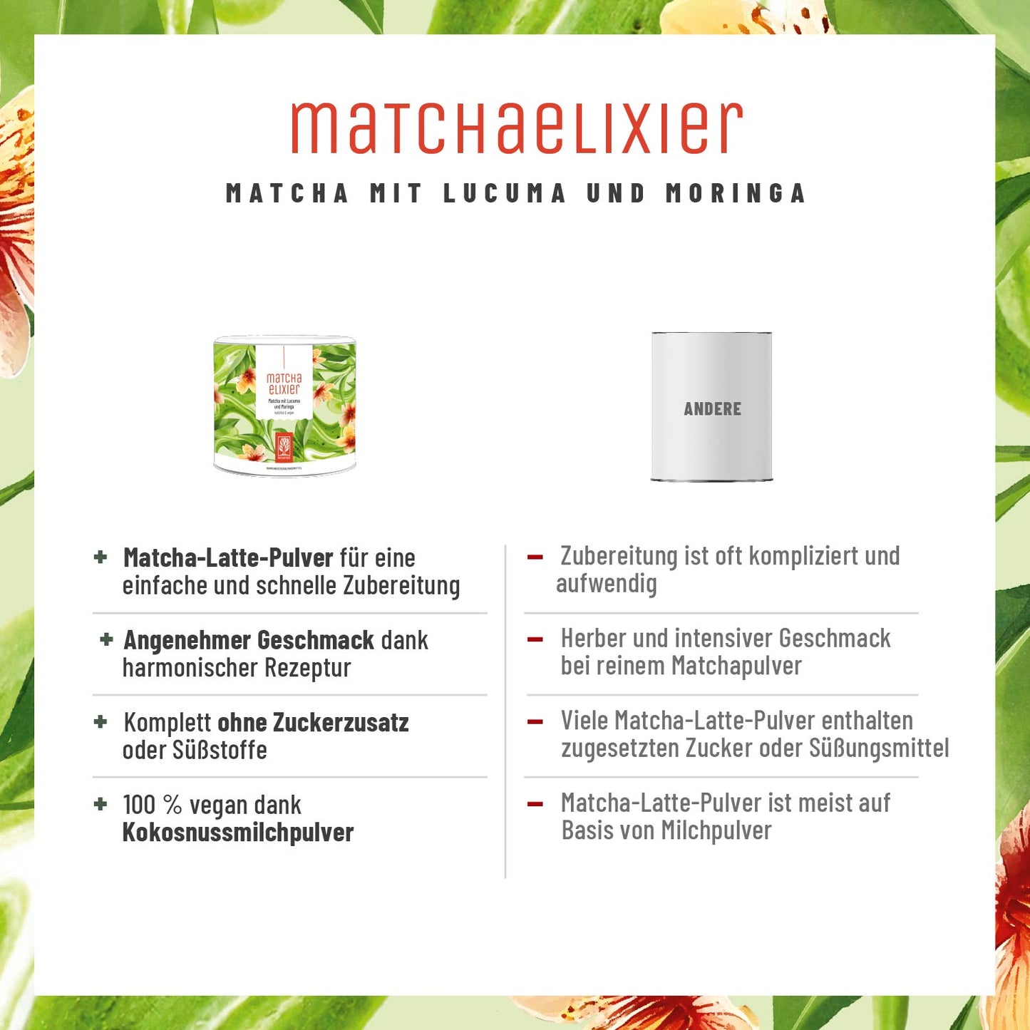 Matchaelixier Matcha Lucuma Morninga Vergleichstabelle
