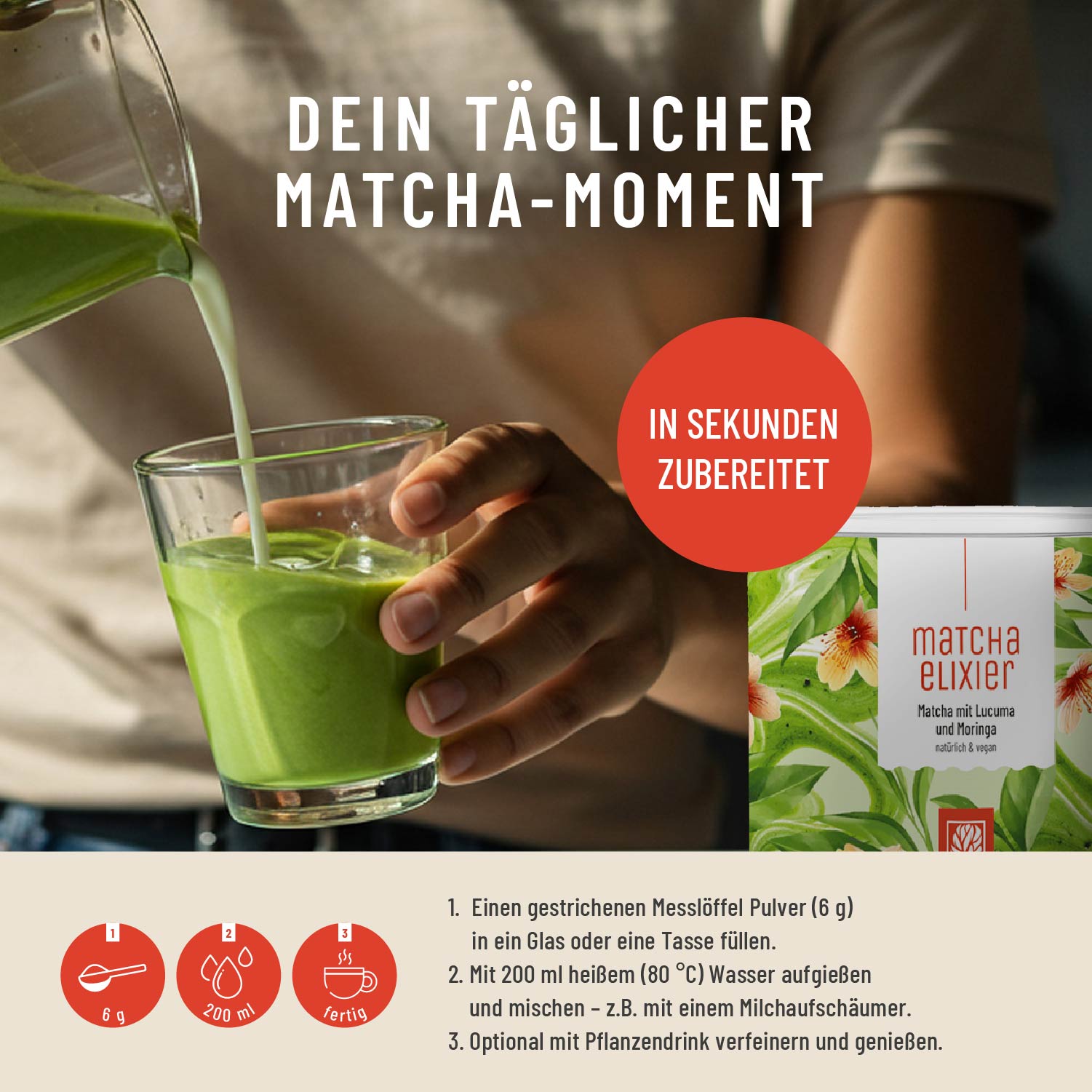 Matchaelixier Matcha Lucuma Morninga Zubereitung