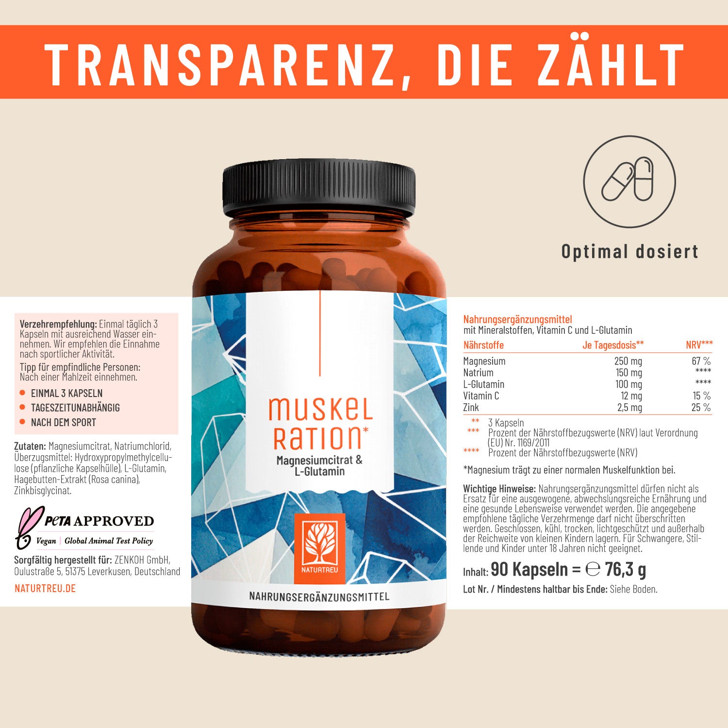 Muskelration Magnesiumcitrat L-Glutamin Etikett