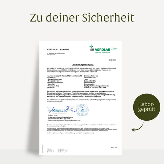 Laborzertifikat für NATURTREU Nervenstark – Qualitätsprüfung und Reinheit bestätigt.