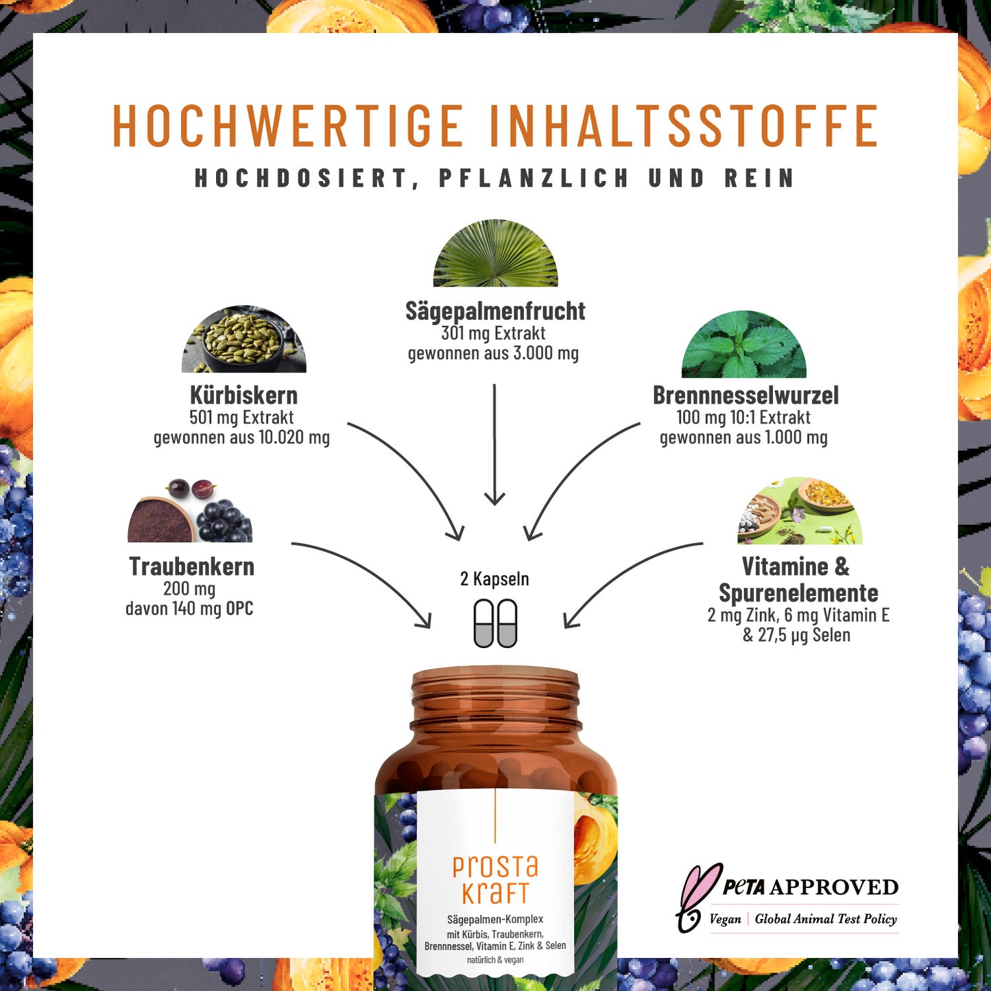 Prostakraft Saegepalmen-Komplex mit Kuerbis Traubenkern Brennnessel Vitamin E Zink Selen Hochwertige Inhaltsstoffe
