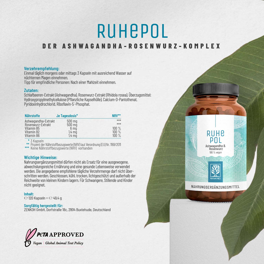 Ruhepol Ashwagandha-Rosenwurz Etikett 